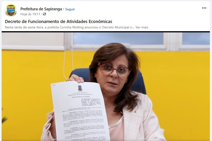 Prefeita Corinha Molling anuncia novo decreto